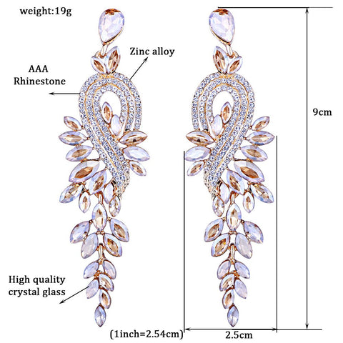 Luxury crystal leaf long drop earrings