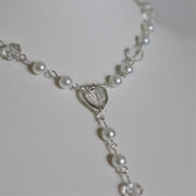 Victorian Handmade Simulation Pearl Long Cross Necklace, Rosary Style