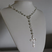 Victorian Handmade Simulation Pearl Long Cross Necklace, Rosary Style