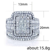 White Crystal Stone Luxury Big Silver Color Vintage Bridal Square Ring Set