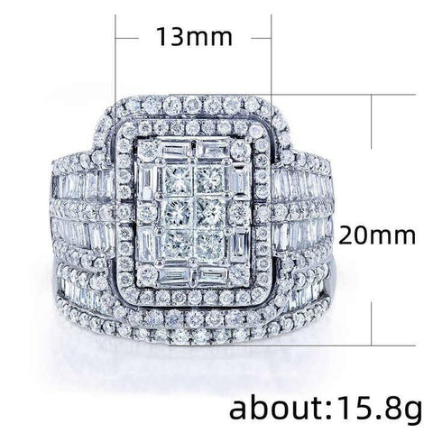 White Crystal Stone Luxury Big Silver Color Vintage Bridal Square Ring Set