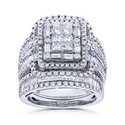 White Crystal Stone Luxury Big Silver Color Vintage Bridal Square Ring Set