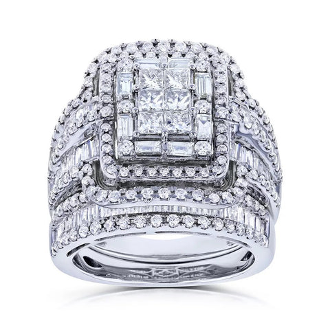 White Crystal Stone Luxury Big Silver Color Vintage Bridal Square Ring Set