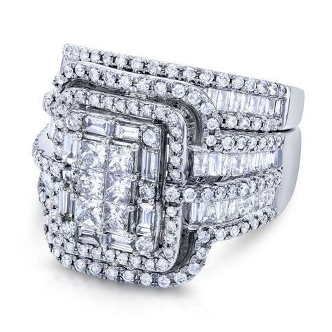 White Crystal Stone Luxury Big Silver Color Vintage Bridal Square Ring Set