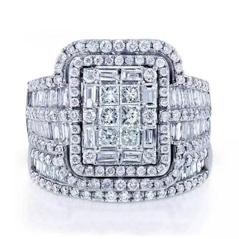 White Crystal Stone Luxury Big Silver Color Vintage Bridal Square Ring Set