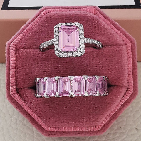 Luxury Real 925 Sterling Silver Oval Princess Cut Eternity Zirconia Ring Set
