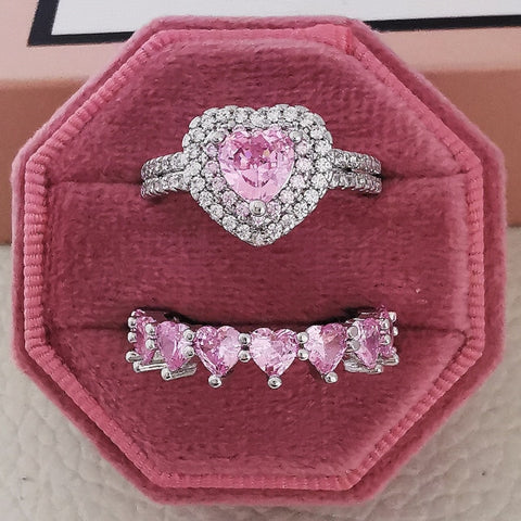 Luxury Real 925 Sterling Silver Oval Princess Cut Eternity Zirconia Ring Set