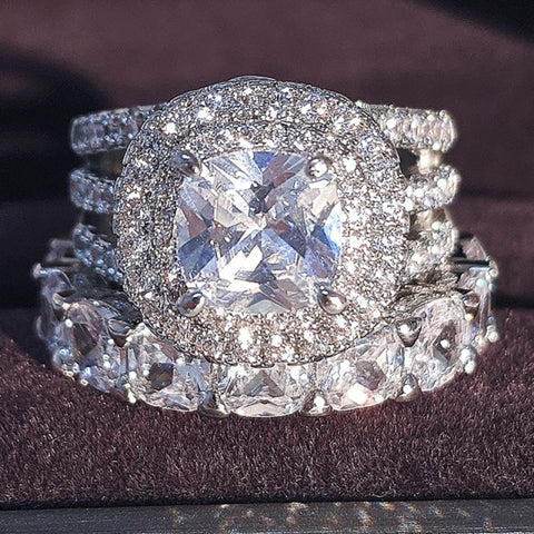 Luxury Real 925 Sterling Silver Oval Princess Cut Eternity Zirconia Ring Set
