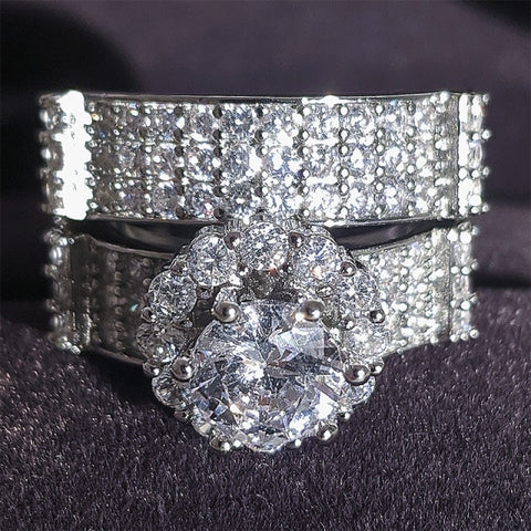 Luxury Real 925 Sterling Silver Oval Princess Cut Eternity Zirconia Ring Set