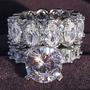 Luxury Real 925 Sterling Silver Oval Princess Cut Eternity Zirconia Ring Set