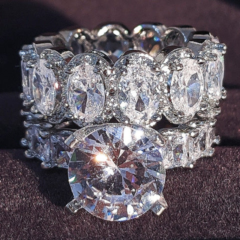 Luxury Real 925 Sterling Silver Oval Princess Cut Eternity Zirconia Ring Set