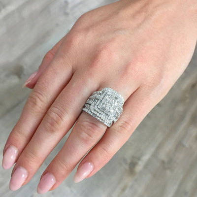 White Crystal Stone Luxury Big Silver Color Vintage Bridal Square Ring Set